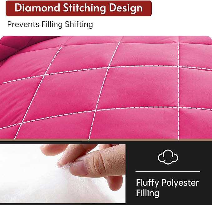 7 Pieces Oversized King Comforter Set, Reversible Bed in a Bag Oversized King Size, All Season Bedding Set with Comforter, Flat Sheet, Fitted Sheet, Pillowcases & Shams, Hot Pink & Baby Pink