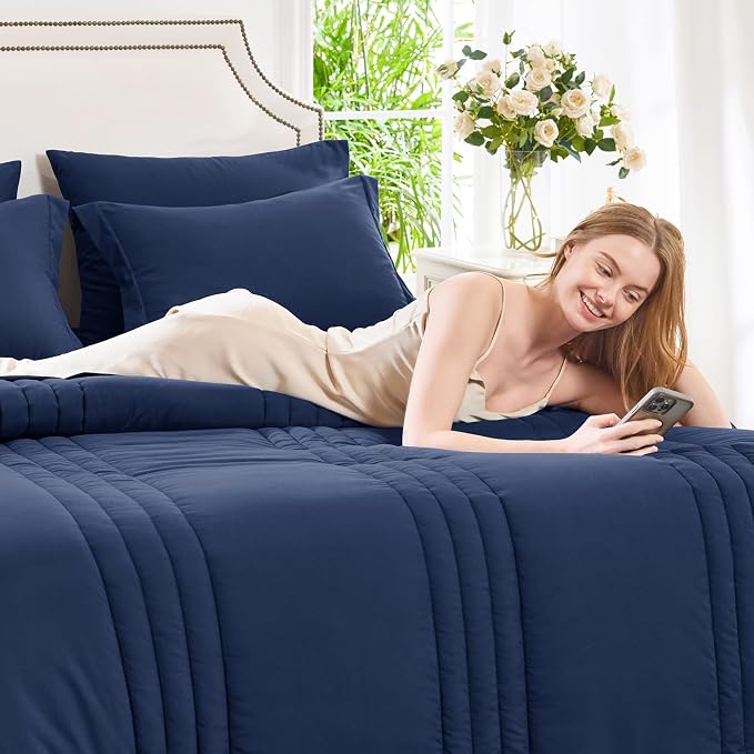 Super King Plus Comforter Set Navy Blue - Oversized 128x120 Bed Set | Maximum King-Bed Coverage, 240GSM Down-Alternative Fill, 14" Deep-Pocket Sheets, Shams & Pillowcases, Lightweight
