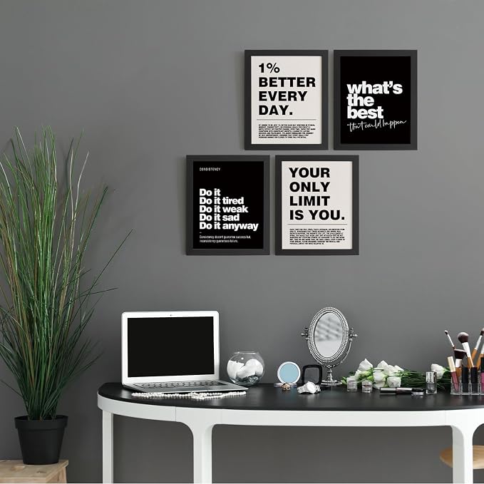 DSHFG Motivational Inspirational Office Wall Art Decor Prints Set of 4 | Black Office Motivational Wall Decor Trendy Retro Positive Affirmations Quotes Wall Decor Gym Posters, 8x10 Unframed