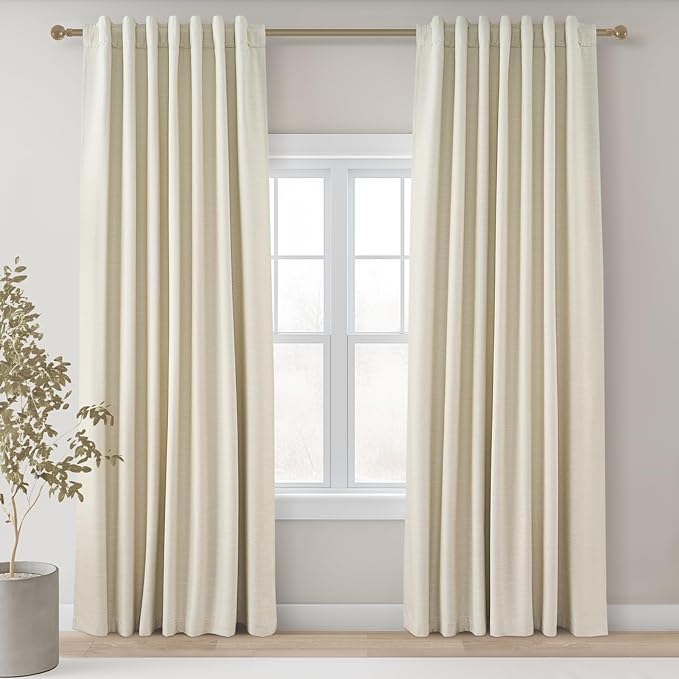 Topfinel Cream White Linen Blackout Curtains 63 Inches Long 2 Panels for Small Window Natural Cream Boho Farmhouse Linen Blend Texture Insulated Hook Belt Back Tab Pocket Pleated Drapes (W52 x L63)