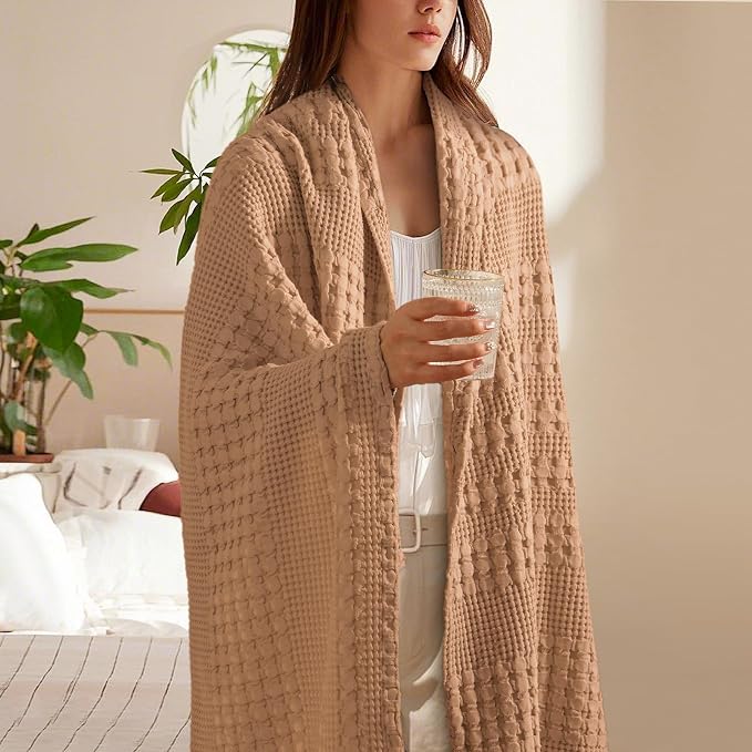 PHF Lightweight 100% Cotton Waffle Throw Blanket for Couch, Clay | Pre-Washed Soft Cotton Comfort, Breathable Layering Warmth for Fall & Winter, Office, Travel, Sofa, Home Decor & Gifts