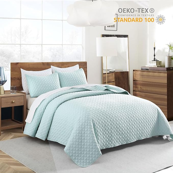 HORIMOTE HOME Quilt King Size Aqua Blue, Lightweight Quilt for Summer, Ultra-Soft Microfiber Modern Style Quilted Clouds Pattern Bedspread Quit Set 3 Pieces(1 Quilt and 2 Pillow Shams)