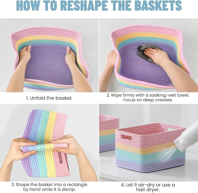 5 Pack Woven Storage Baskets, Decorative Storage Bins for Organizing | 13.8'' × 9.8'' × 7.9'', Cute Cotton Rope Basket Organizer for Closet, Shelves, bathroom, Nursery, Toys, Books, Rainbow