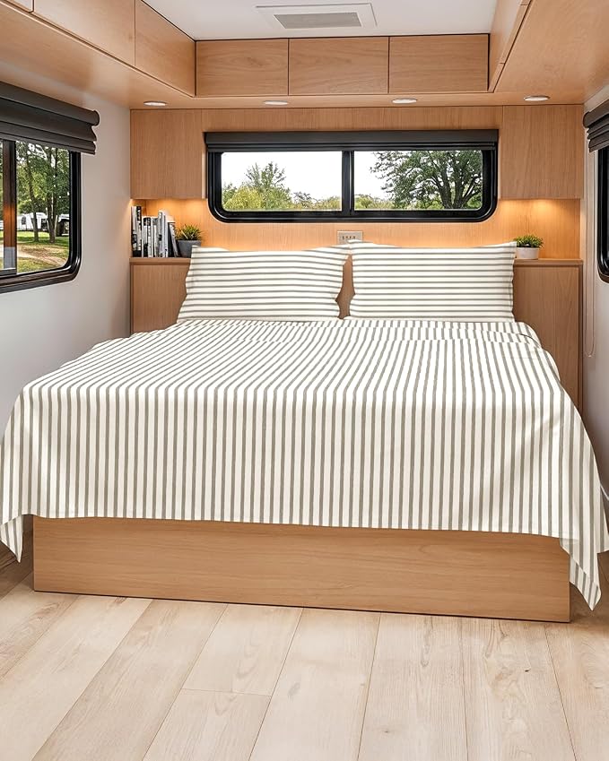 Short Queen Size 4 Piece Bed Sheet Set - RV Short Queen - Beige Stripes | Ultra-Soft, Breathable & Cooling Bed Sheets Set with Deep Pockets, Hotel Luxury Bedding for Women & Men, Wrinkle & Fade Free