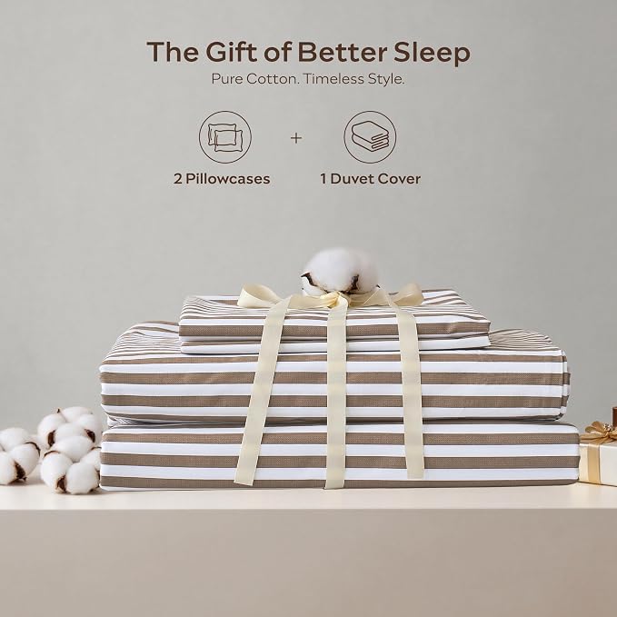 JELLYMONI 100% Cotton Printed Striped King Duvet Cover Set, Tan | Breathable and Soft, Classic Stripes, 8 Corner Ties & Double-Head Hidden Zipper, For Master or Guest Bedroom