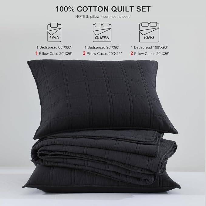 HORIMOTE HOME 100% Cotton Quilt Set Twin Size, Charcoal Pre-Washed Bedspreads Coverlet Set in Geometric Pattern, Cozy Lightweight Stitching Decorative Bedding Cover with 1 Sham for All Season