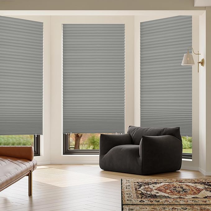 MYshade 6 Pack Temporary Light Filtering Paper Shades for Windows,Paper Pleated Blinds with Adhesive,No Tools No Drilling Free Cut Size Temporary Room Darkening Shades(Grey, 36" W x 72" H)