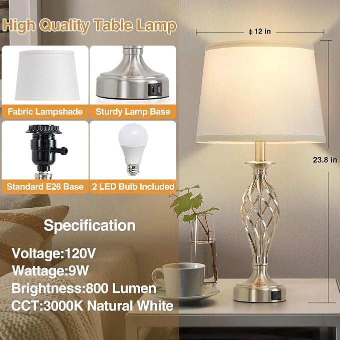 Table Lamp for Bedroom Set of 2 with USB C+A Ports,Modern Night Stand Lamps | Silver Bedside Lamps with Spiral Cage Base,White Fabric Shade,Lamp for Living Room Reading Bed Side End Table,Bulbs Included