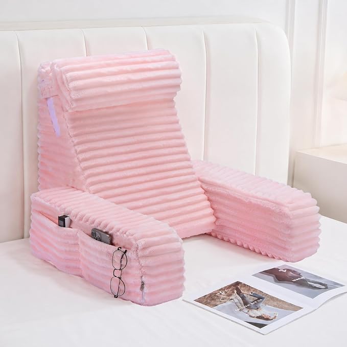 ENITYA 22" XL Back Pillow for Bed Sitting Up with Armrests & Big Pockets | Supportive Reading Pillow with Removable Washable Cover, Ideal for Bedroom, Living Room, Dorm, Modern Style, Pink
