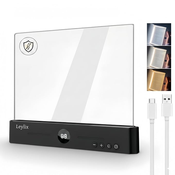 LED Flat Book Light for Reading at Night in Bed, Black | Eye-Caring, 3 Color Temperatures, Stepless Dimmable, USB Rechargeable, Portable Flat Panel Lamp for Kids & Adults