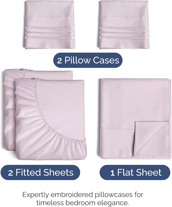 Split King Size 5 Piece Sheet Set - Breathable & Cooling - Light Lavender | Hotel Luxury Bed Sheets for Women & Men, Deep Pockets, Easy-Fit, Comfy, Soft and Wrinkle Free Sheets, Oeko-Tex Bed Sheet Set