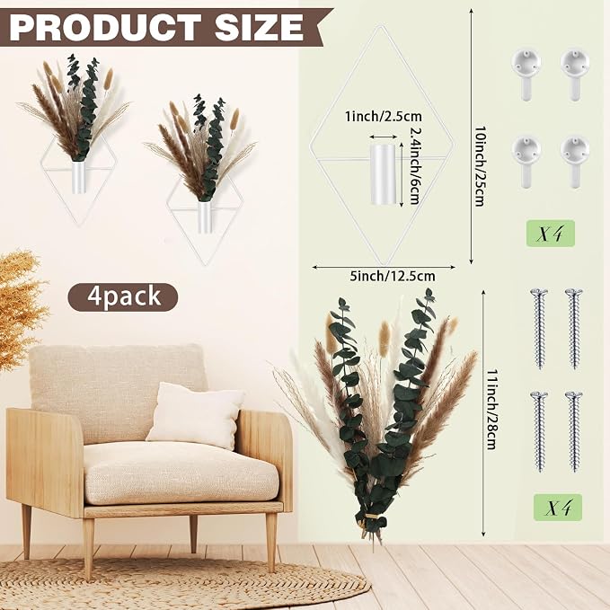 Jexine 8 Pcs Hanging Planters with Artificial Pampas Metal Hanging Vase Indoor Plants Holder Modern Geometric Boho Bathroom Wall Decor for Living Room Home Office(White)