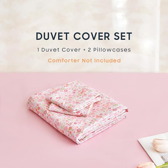 Wake In Cloud - Floral Duvet Cover Set, Cute Vintage Flower Cottagecore Aesthetic for Women Teen Girls, Soft Lightweight Bedding, 3-Piece, Pink, Twin/Twin XL Size