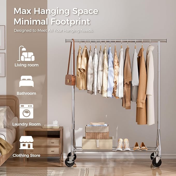 HYSEYY Clothes Rack, Rolling Clothing Rack for Hanging Clothes Load 380 LBS Portable Garment Rack with Sturdy Wheels, Metal Coat Rack Wardrobe Closet for Bedroom Laundry living Room, Silver