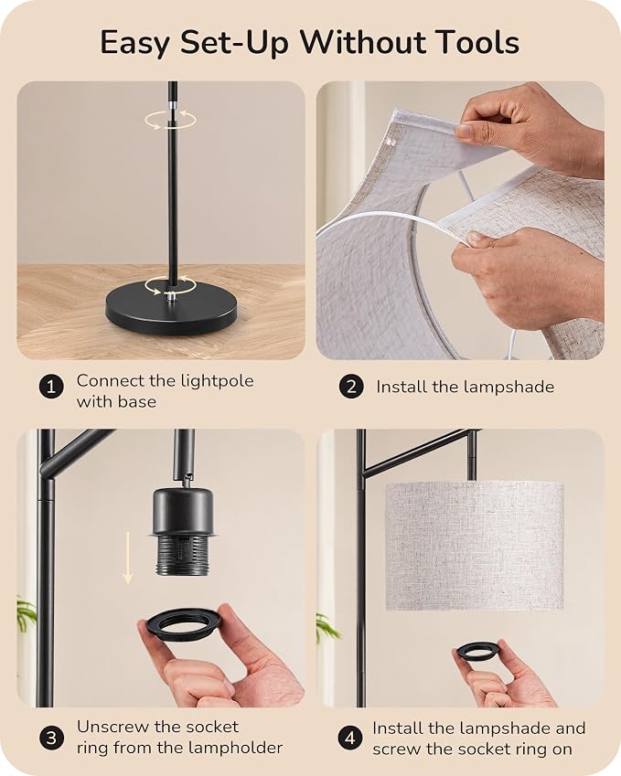 EDISHINE 64.7IN Floor Lamp for Living Room with Remote, Black Standing Lamp | Bulb Included, Dimmable & 5CCT, Foot Switch, Adjustable Lamphead, Minimalist for Bedroom, Living Room
