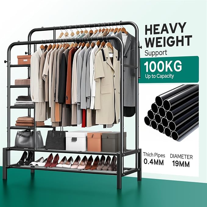 Clothes Rack with Shelves, Double Rods Clothing Rack for Bedroom, Black | Metal Garment Rack for Hanging Clothes, 2 Bottom Shelves & 4 Side Shelves, 220 LBS Clothes Racks for Laundry Room, Dorm Room