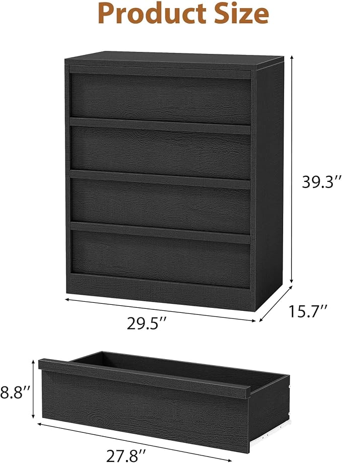 Garvee 4 Dresser for Bedroom, 39.3" Tall Dresser, Freestanding Vertical Drawer with Storage, Wooden Closet Chest Storage for Living Room, Hallway, Entryway, Black