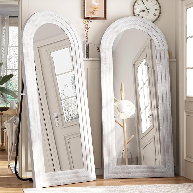 ZHUNFA Arched Full Length Mirror with Solid Wood Frame | 65x22 Farmhouse Wall Mirror Full Length with Stand, Vertical Hanging, Leaning Standing for Bedroom,Living Room, Rustic White