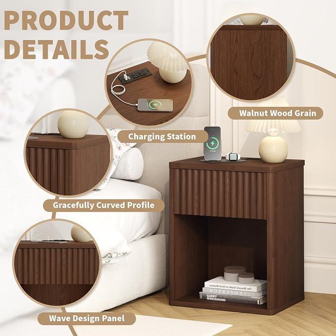 Fluted Nightstands Set of 2 w/Charging Station, Wooden End Table Bed Side Table with Curved Drawer, Mid Century Modern Fluted Night Stand with Rounded Edge for Bedroom, Living Room Sofa, Walnut