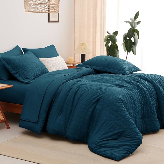 Full Size Comforter Set 7 Pieces Lyons Blue Seersucker Bed in a Bag | OEKO-TEX Certified, All Season Bedding Set with 240 GSM Down Alternative Comforter, Flat & Fitted Sheets, Pillowcases & Shams