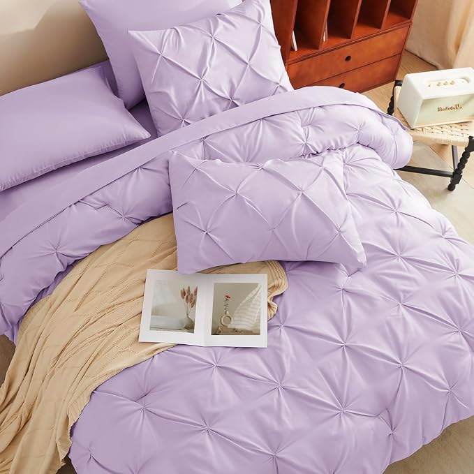 HIMEET Queen Comforter Set Lavender - 7 Pieces Pintuck Bed in a Bag | OEKO-TEX Certified, 240GSM Down Alternative Comforter, 14" Deep Pocket Fitted Sheet + Flat Sheet + 2 Pillowcases + 2 Shams