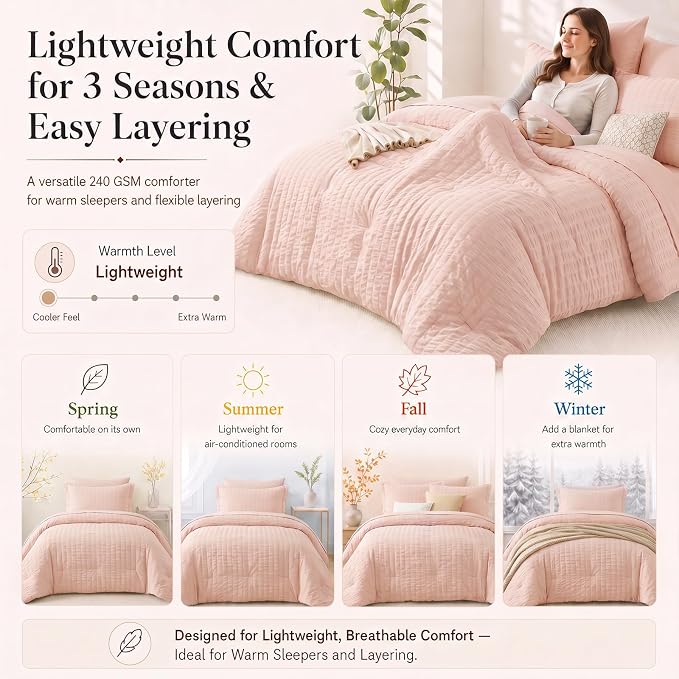 Twin XL Comforter Set, 5 Pieces Blush Pink Seersucker Bed in a Bag | OEKO-TEX Certified, College Dorm Twin Extra Long, 240 GSM Down Alternative Comforter, Flat & Fitted Sheets, Pillowcase & Sham