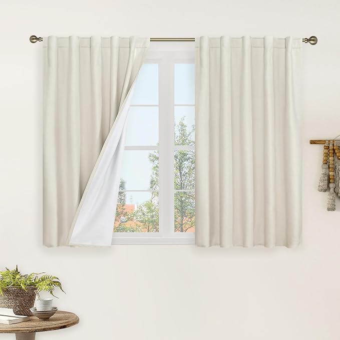 Natural 100% Blackout Linen Curtains 40 Inches 2 Panels, 42 x 40 Inch | Linen Textured, Thermal Bedroom Curtains, Kitchen Window Drapes, Neutral, Rod Pocket Back Tab Panels, White Liner, Ivory