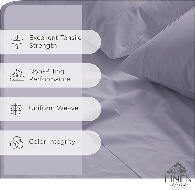 Linen Home 100% Cotton Percale Sheets Full Size, Prelude Purple, Deep Pocket, 4 Pieces Set - 1 Flat, 1 Deep Pocket Fitted Sheet and 2 Pillowcases, Crisp Cool and Strong Bed Linen