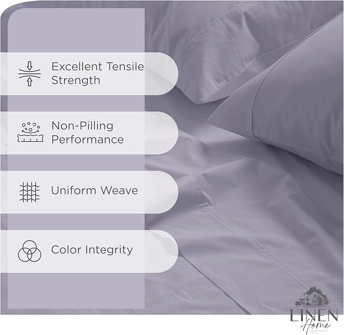 Linen Home 100% Cotton Percale Sheets Twin Size Pack of 2, Prelude Purple, Deep Pocket, 6 Pieces Set- 2 Flat, 2 Fitted and 2 Pillowcases, Crisp Cool and Long Staple Strong Bed Linen