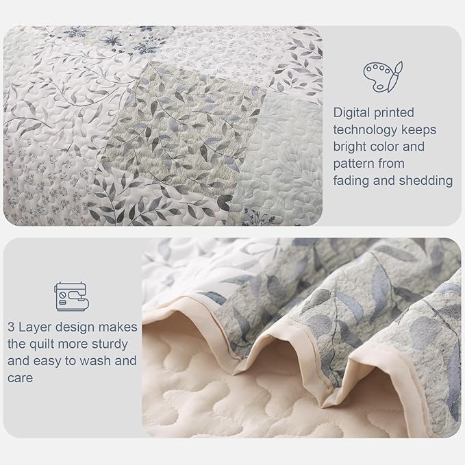 Exclusivo Mezcla Reversible Boho Quilts Twin Size Gray | Lightweight Soft Bedspreads, All Season Patchwork Coverlet Bedding Set, Printed Floral Pattern, 1 Quilt and 1 Pillow Sham