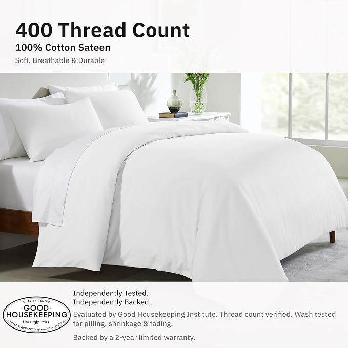 California Design Den Full/Queen Duvet Cover Set, White Antique | 3-Piece Set with 2 Pillow Shams, Backed by Good Housekeeping Seal, Button Closure & Corner Ties, 400 TC 100% Cotton Sateen