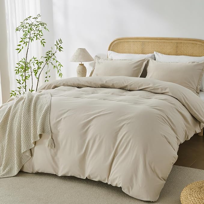 OAITE Duvet Cover Set 100% Washed Cotton Solid 3pcs | Soft,Durable,Long-staple Cotton,Hidden Zipper with 8 Interior Corner Ties,2 Pillowcases