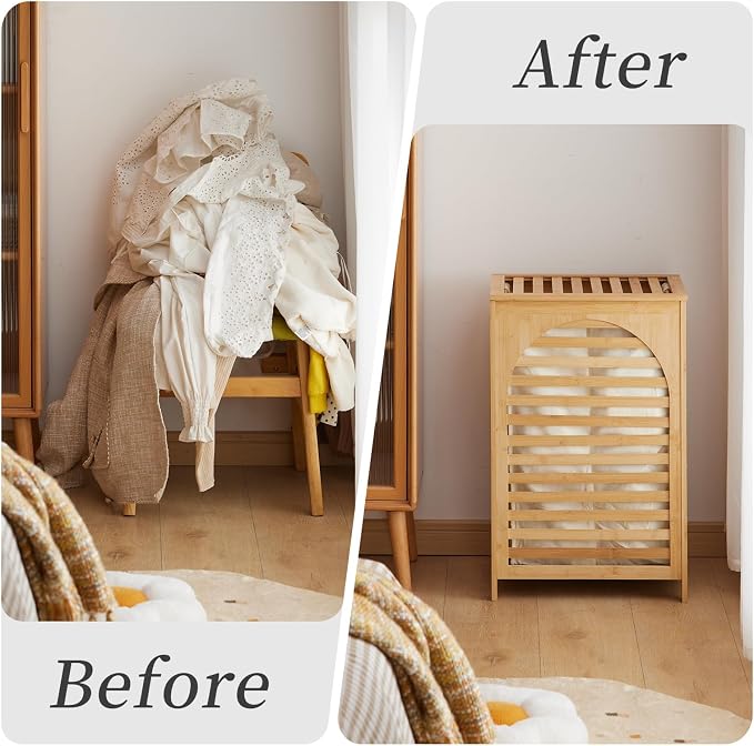 Laundry Hamper with Lid,Bamboo Large Waterproof Clothes Laundry Basket,Removable Washing Bags with Handles,clothes basket (Natural)