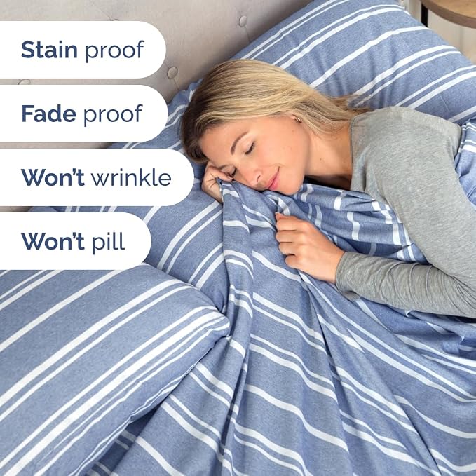 Flex Top Split Head King 4 Piece Sheet Set - Soft & Cooling - Blue Stripes | Cooling Bed Sheets Set, Hotel Luxury Bedding for Women & Men with Deep Pockets, Wrinkle Free & Fade Resistant, Oeko-Tex