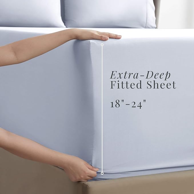 Hearth & Harbor Extra Deep Pocket Sheets - Fits Mattress 18-24 Inches Deep - Extra Deep Pocket Twin XL Sheets Sets - 4 Piece Twin XL Size - Ice Blue