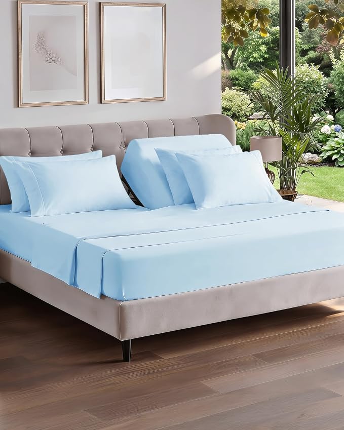 Flex Top Split Head King 6 Piece Sheet Set - Soft & Cooling - Light Blue | Ultra Soft Hotel Luxury Bedding Set w/ 8-16 Inch Deep Pockets, 1 Flat & 1 Split-Head Fitted Sheet & 4 Pillowcases, Fade Free