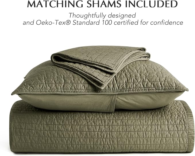 EVERGRACEHOME Cotton Sateen Quilt Set, Queen Size, Olive Green | 100% Cotton, Channel Stitch Coverlet Bedspread, Pre-Washed Lightweight Soft Bedding Set for All Season, 3 Piece, with 2 Shams