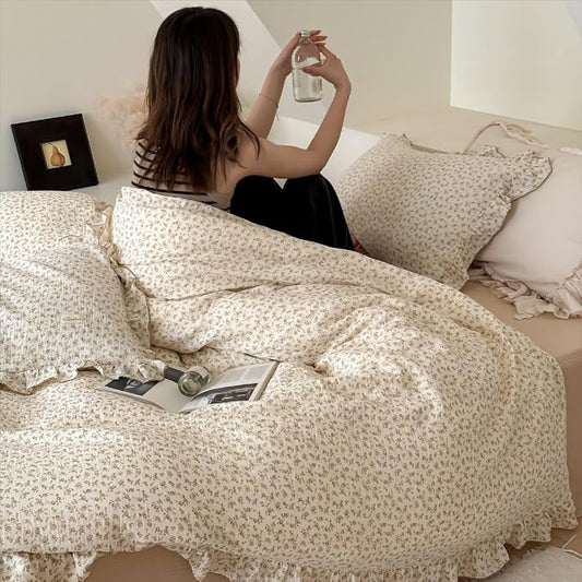 Muslin Kids Duvet Cover for Full Size Bed, Vintage Farmhouse Duvet Covers with Ruffles, Soft Cotton Comforter Cover, Camellia, Zipper Closure & Corner Ties, No Comforter