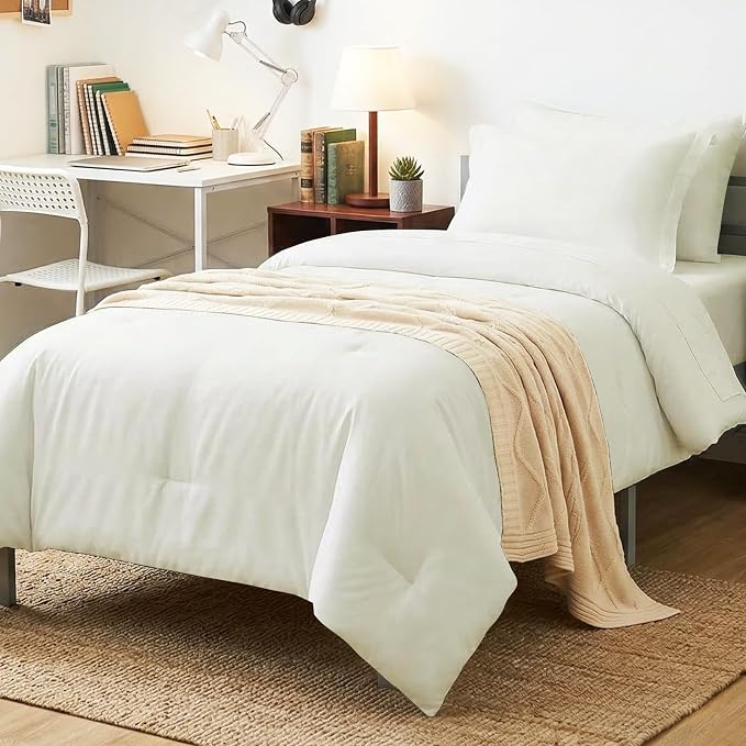 Twin Comforter Set Ivory, 5 Pieces Bed in a Bag Twin Comforter Set with Sheets, Soft Bedding Sets with Down Alternative Comforter, Sheets, Pillowcase & Sham, Soft Bed Set for All Seasons