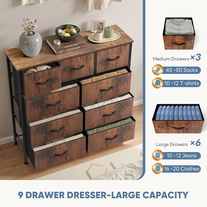 DUMOS Dresser for Bedroom, Storage Organizer with 9 Drawers | Chest of Drawers with Fabric Bins, Sturdy Metal Frame, Wood Tabletop for Guest Room, Closet, Entryway, Rustic Brown