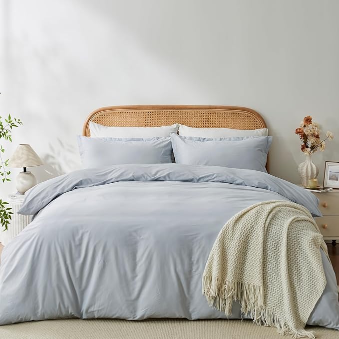 OAITE Duvet Cover Set 100% Washed Cotton Solid 3pcs | Soft,Durable,Long-staple Cotton,Hidden Zipper with 8 Interior Corner Ties,2 Pillowcases,68"X90"