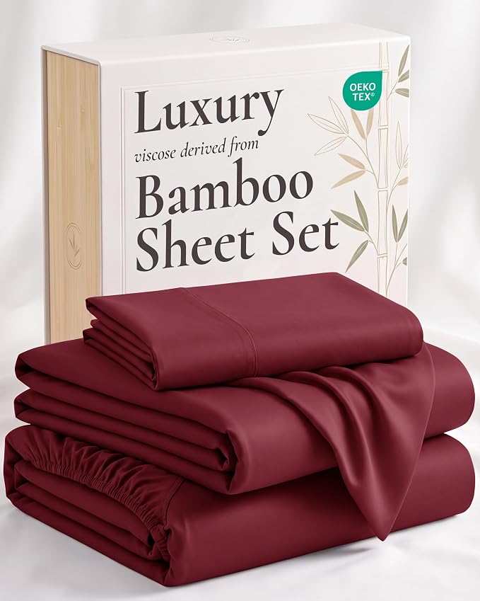 Hotel Sheets Direct 3 Piece Bed Sheet Set Twin Size, 100% Viscose Derived from Bamboo Sheets Set with 1 Pillowcase, Cooling & Breathable Luxury Bedding, Moisture-Wicking & Silky Soft Texture, Burgundy