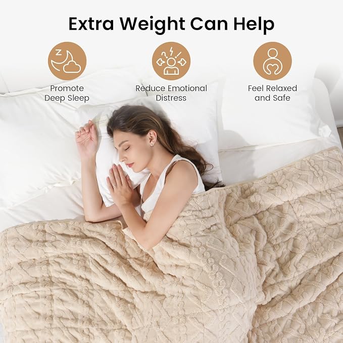 Drewin Weighted Blanket for Adults 48" x 72" 12lbs Fuzzy Blankets Beige | Stress Relief & Better Sleep,Soft Jacquard Sherpa Fleece Heavy Blanket Queen Size, Machine Washable,for Napping & Relaxing