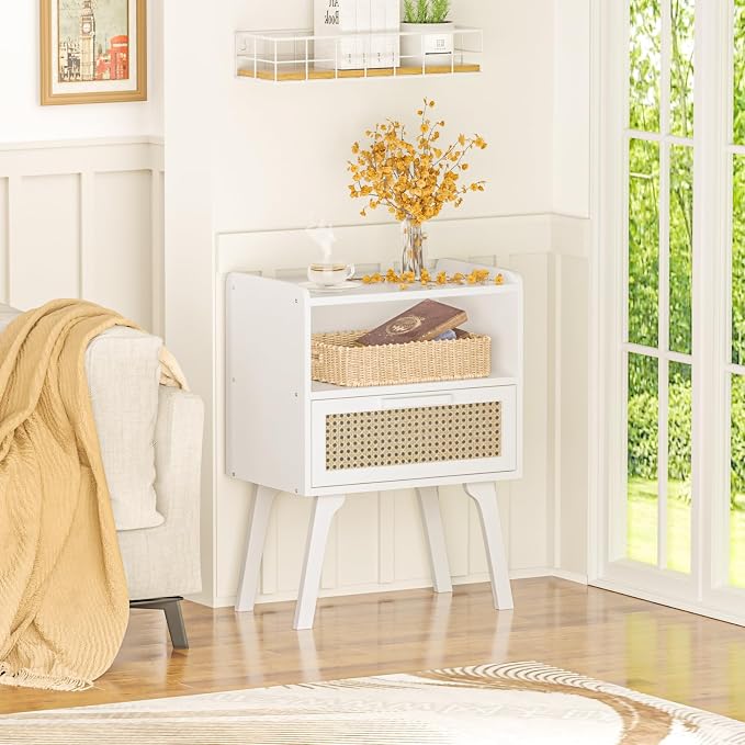 Lerliuo Rattan Nightstands Set of 2, Bedside Table with Drawer Open Shelf | Cane Accent Side End Table with Solid Wood Legs, White Mid Century Night Stand for Bedroom, Dorm and Small Spaces