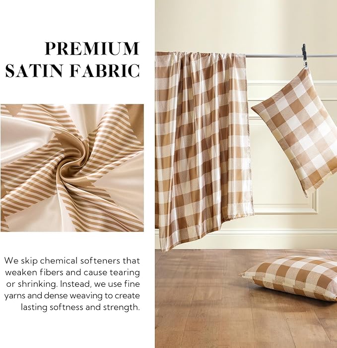 MR&HM Satin Sheets Queen Size with Elastic Corner Straps, Latte Check | Similar to Silk, 4-Piece Silky Soft Bed Sheet Set, Gentle on Skin and Hair, 15" Deep Pocket, Cooling & Breathable