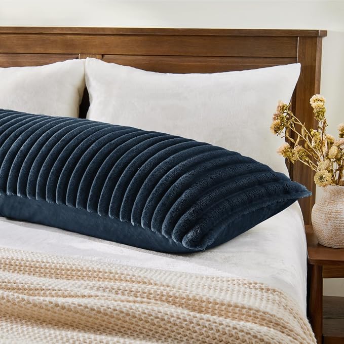 BEDELITE Fluffy Striped Body Pillow Cover with Zipper, Navy Blue, 20x54 | Ultra-soft Faux Fur with 8D Striped Texture, Comfy, Plush, and Cloud-like, Body Pillow Pillowcase for Bed Couch Room Decor