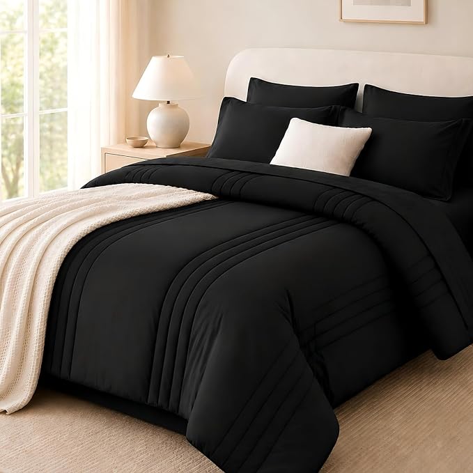 Full Comforter Set Black - Bed in a Bag Full Size 7 Pieces, Soft Bedding Set for All Seasons, Premium Comforter Set with Comforter, Sheets, Pillowcases & Shams