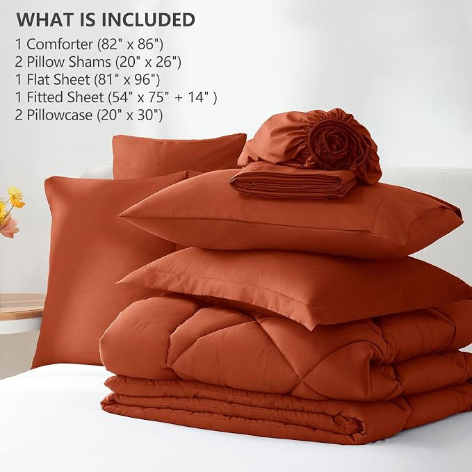 Full Size Comforter Sets Burnt Orange - 7 Pieces Bed in a Bag | OEKO-TEX Certified, All Season, 240GSM Down-Alternative Comforter, Sheets, Pillowcases & Shams, 14" Deep Pocket, Easy Care