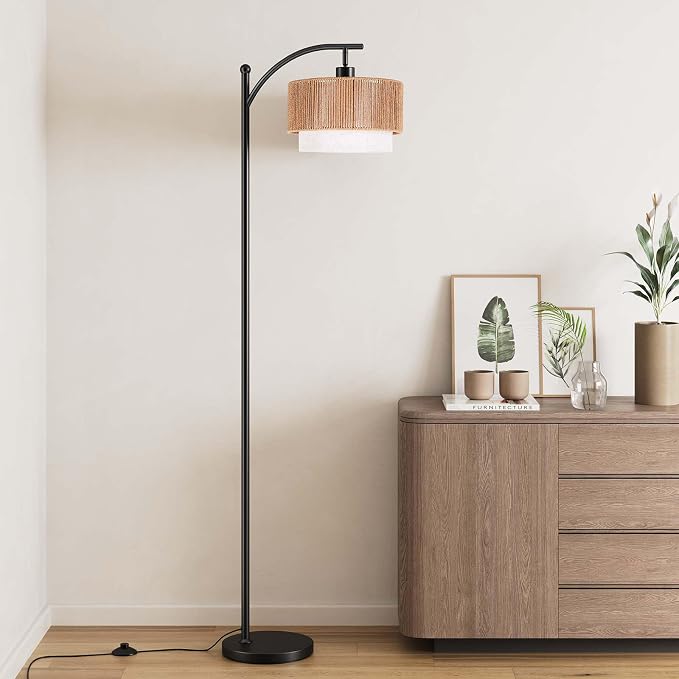SUNMORY Arc Floor Lamps for Living Room, Rattan Standing lamp with 12W Bulb | Arched LED Lamp with 3 Color Temperatures, Farmhouse Floor Lamps with Adjustable Shades, Boho Floor Lamp for Bedroom, Corner