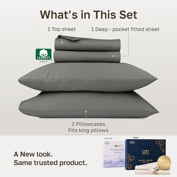 California Design Den Luxury 1000 Thread Count King Size Bed Sheets Set | Backed by Good Housekeeping Seal - 100% Cotton Sateen - Soft, Thick & Heavy, 16" Deep Pocket, All-Around Elastic, Grey